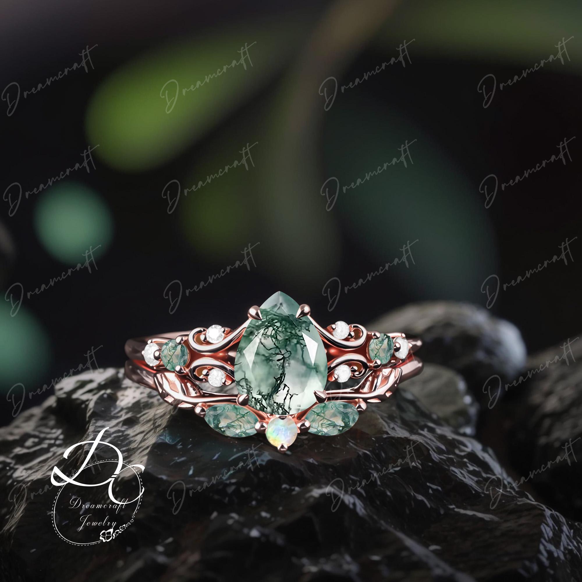 Art Deco Ring Rose Gold Pear Moss Agate Engagement Ring Sets Nature Inspired Cluster Promise Ring Green Gemstone Branch Bridal Set Jewelry
