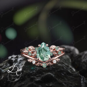 Art Deco Leaf Rose Gold Pear Moss Agate Engagement Ring Sets Nature Inspired Cluster Promise Ring Green Gemstone Branch Bridal Set Jewelry Art Deco Leaf Rose Gold Pear Moss Agate Engagement Ring Sets Nature Inspired Cluster Promise Ring Green Gemstone Branch Bridal Set Jewelry