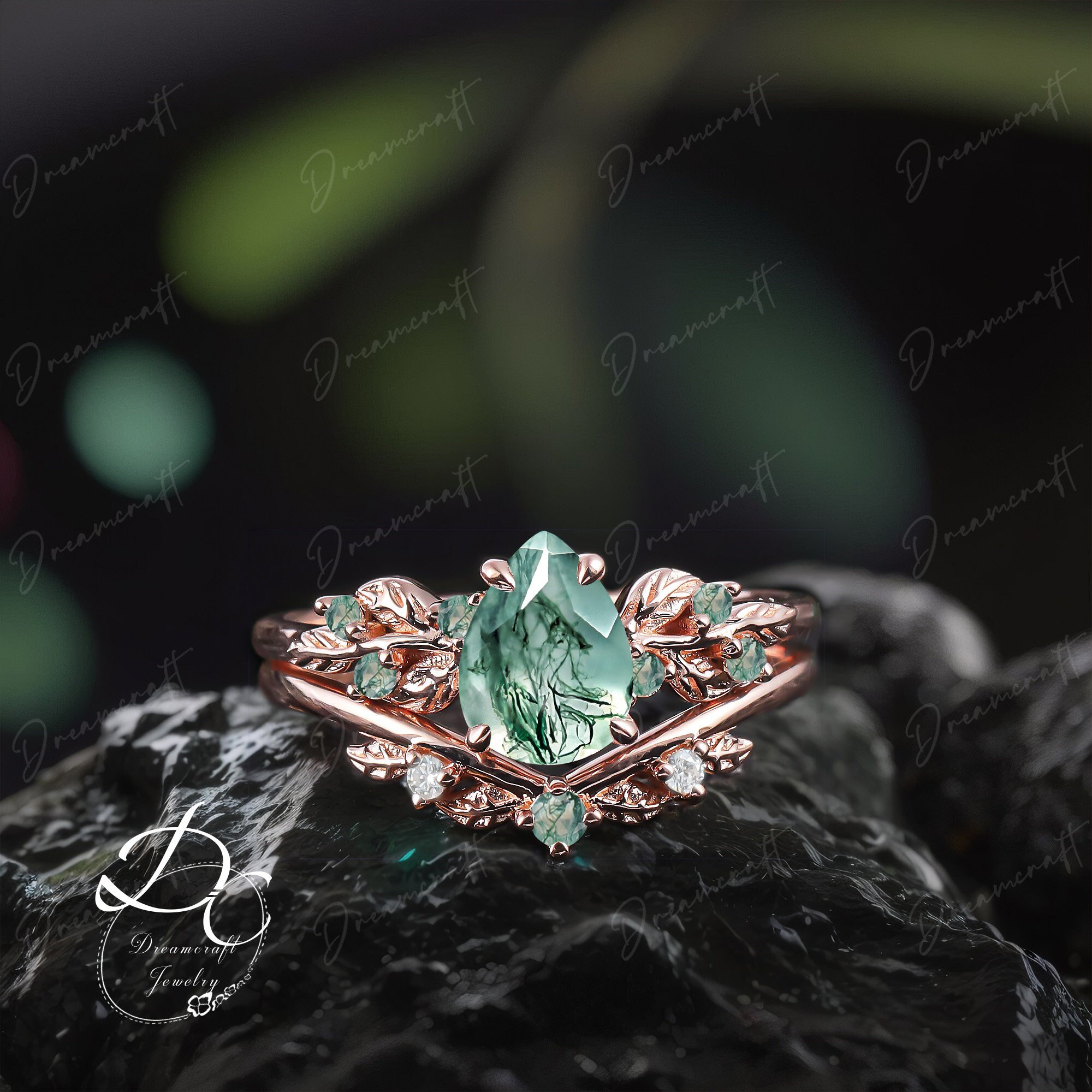 Art Deco Leaf  Rose Gold Pear Moss Agate Engagement Ring Sets Nature Inspired Cluster Promise Ring Green Gemstone Branch Bridal Set Jewelry