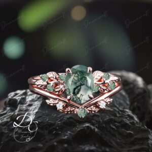 Art Deco Leaf Rose Gold Moss Agate Engagement Ring Sets Nature Inspired Cluster Promise Ring Green Gemstone Branch Bridal Set Jewelry Art Deco Leaf Rose Gold Moss Agate Engagement Ring Sets Nature Inspired Cluster Promise Ring Green Gemstone Branch Bridal Set Jewelry