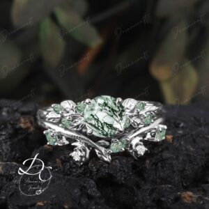 Art Deco Leaf White Gold Moss Agate Engagement Ring Sets Nature Inspired Cluster Promise Ring Green Gemstone Branch Bridal Set Jewelry Art Deco Leaf White Gold Moss Agate Engagement Ring Sets Nature Inspired Cluster Promise Ring Green Gemstone Branch Bridal Set Jewelry