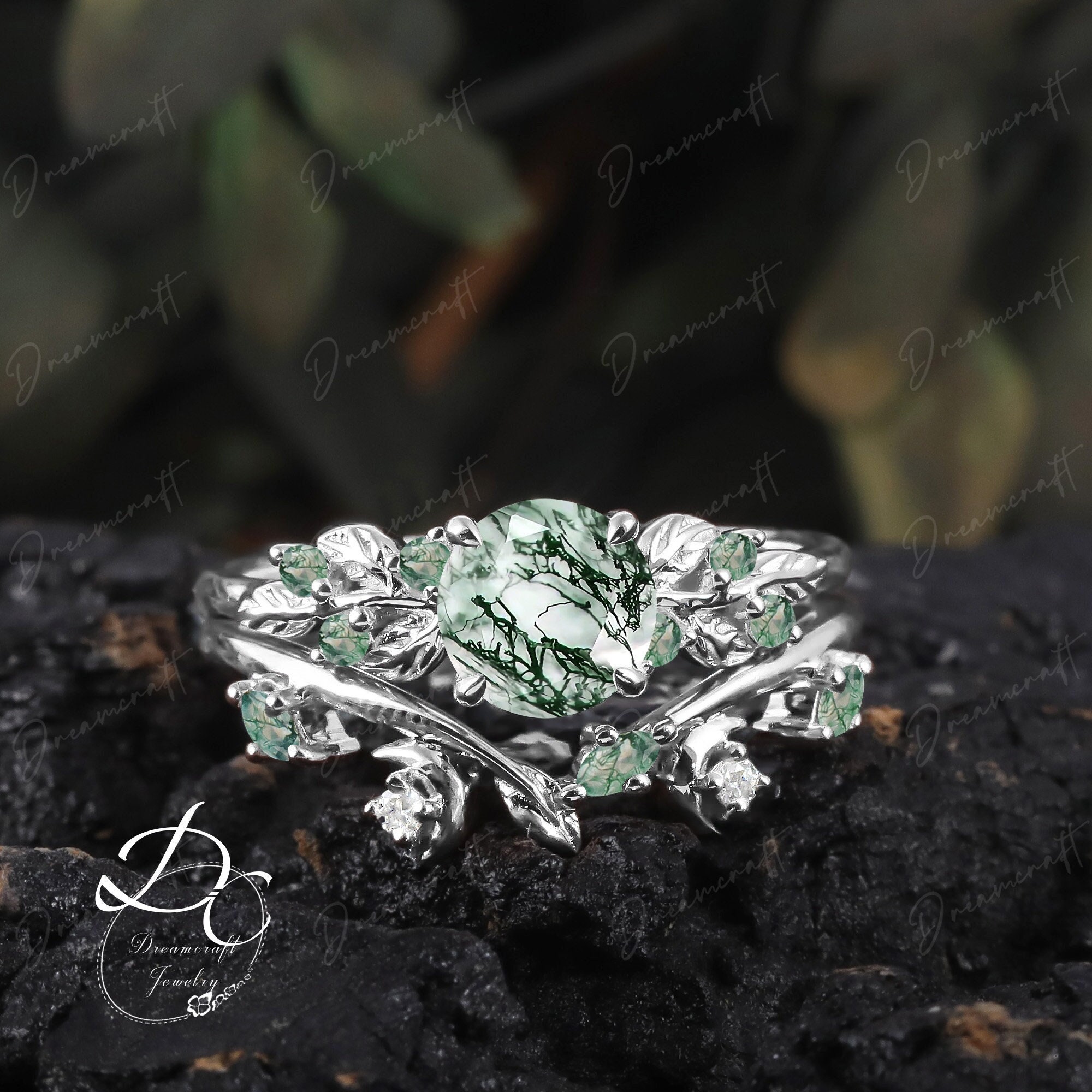 Art Deco Leaf White Gold Moss Agate Engagement Ring Sets Nature Inspired Cluster Promise Ring Green Gemstone Branch Bridal Set Jewelry