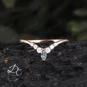 Curved Moss Agate Wedding Band 14k Rose Gold Moissanite Wedding Band Diamond Solid 14k Gold Unique Stacking Matching Promise Ring For Her