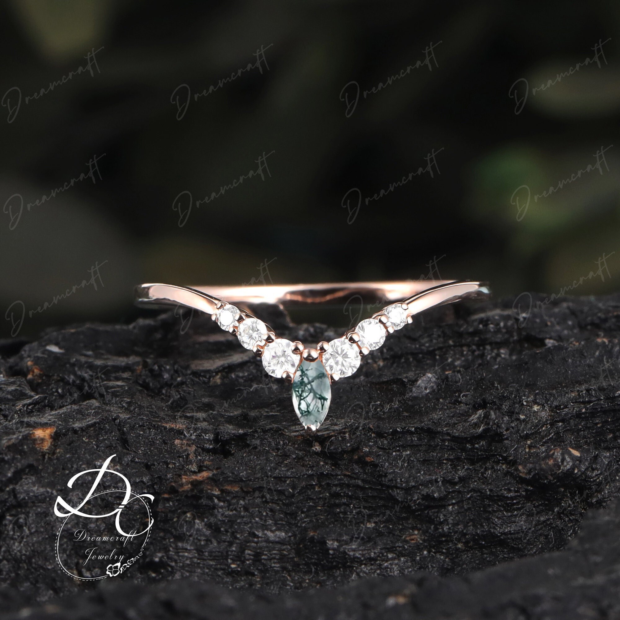 Curved Moss Agate Wedding Band 14k Rose Gold Moissanite Wedding Band Diamond Solid 14k Gold Unique Stacking Matching Promise Ring For Her