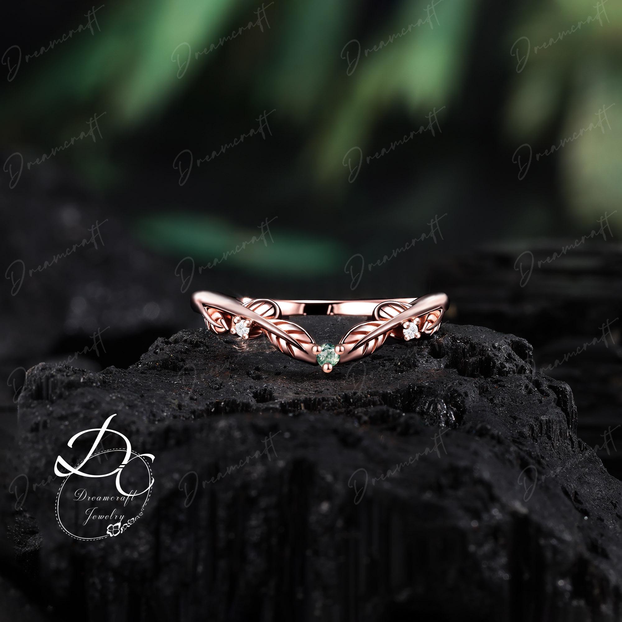 Curved Moss Agate Wedding Band Rose Gold Vintage Vine Gemstone Curved Matching Band Leaf Stacking Bridal Ring Promise Anniversary Ring