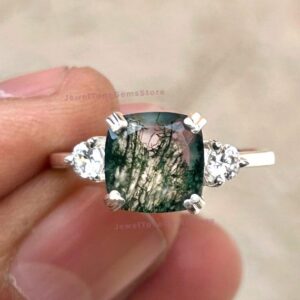 Cushion Cut Moss Agate Engagement Ring: Sterling Silver Vine Ring Cushion Cut Moss Agate Engagement Ring: Sterling Silver Vine Ring