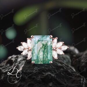 Emerald Cut Moss Agate engagement ring yellow gold vintage engagement ring Art deco Dainty Marquise diamond moissanite ring Bridal ring