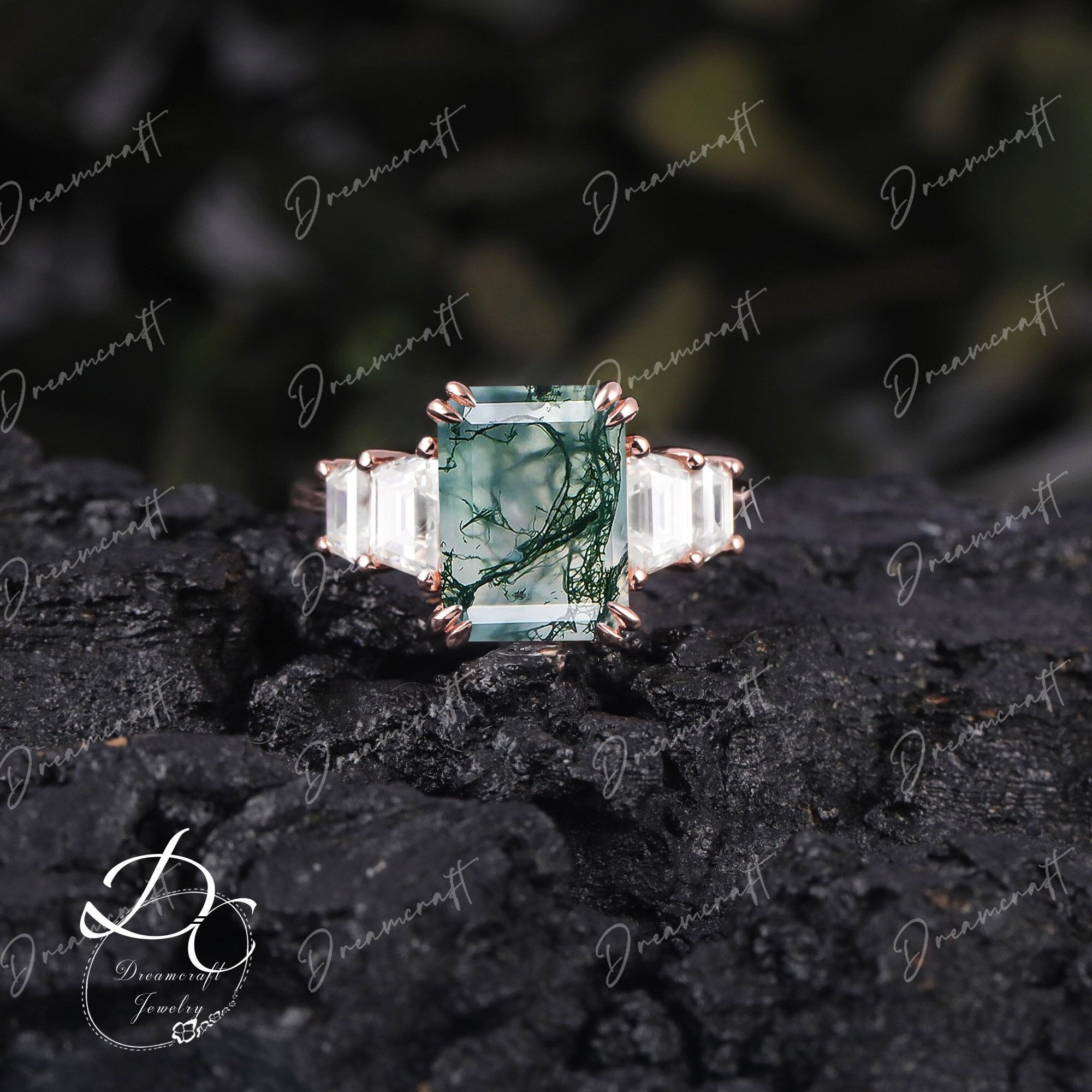 Emerald Cut Moss Agate Engagement Ring 4ct Solid 14k Gold Promise Ring Cluster Ring Green Gemstone Statement Ring For Women Anniversary Gift