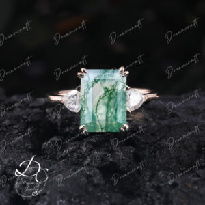 Moss Agate Engagement Ring 4ct Emerald Cut Vintage Moissanite 14k Yellow Gold 3 Stone Engagement Ring Bridal Ring Anniversary Gift For Women