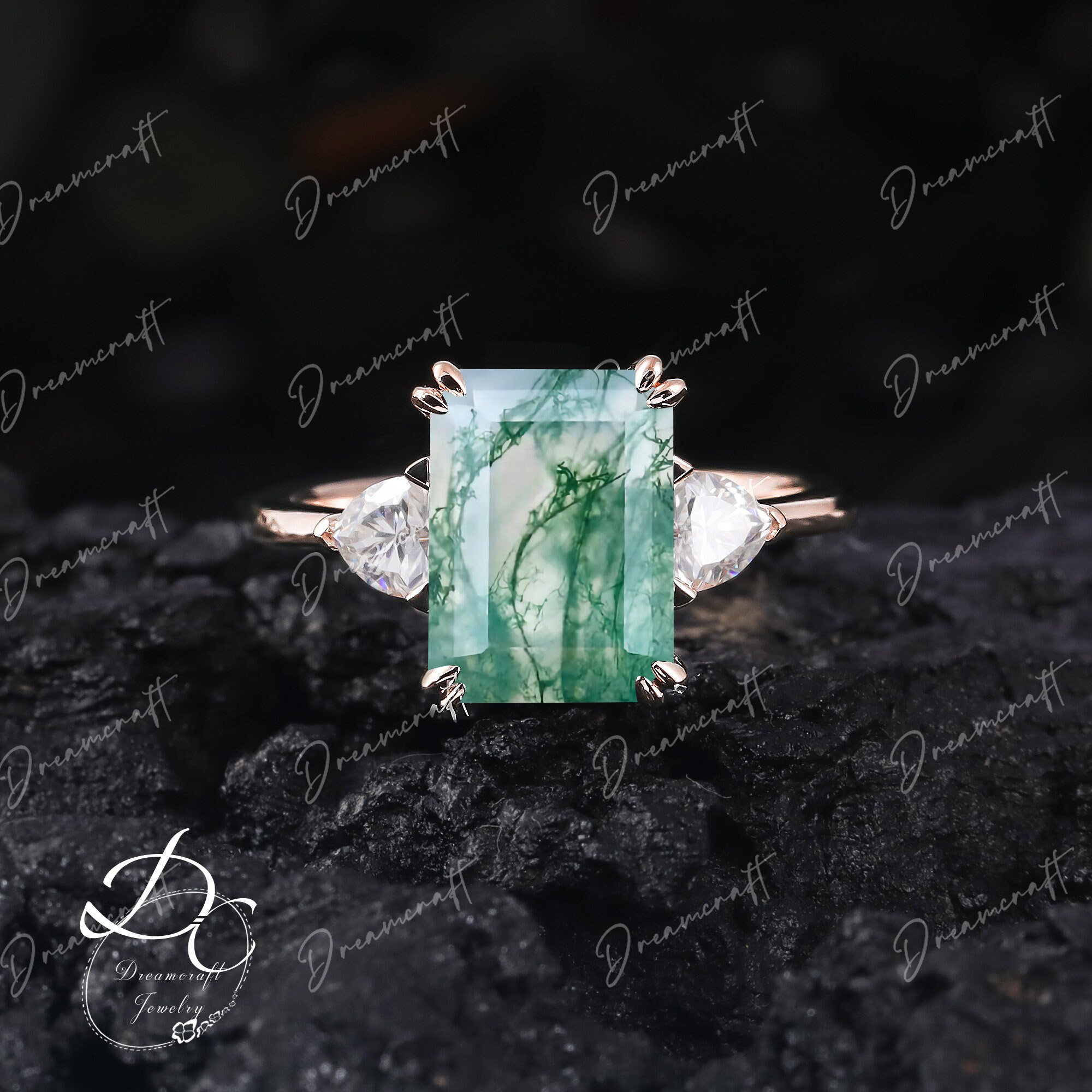Moss Agate Engagement Ring 4ct Emerald Cut Vintage Moissanite 14k Yellow Gold 3 Stone Engagement Ring Bridal Ring Anniversary Gift For Women