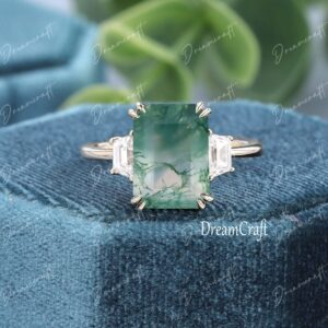 Moss Agate Engagement Ring 4ct Emerald Cut Vintage Unique Yellow Gold Engagement Ring Wedding Bridal Ring Anniversary Ring Gift For Women