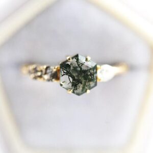 Moss Agate Engagement Ring • Hexagon Cluster Ring • 14k/18k Solid Gold or Platinum • Unique Gemstone Ring • Promise Ring