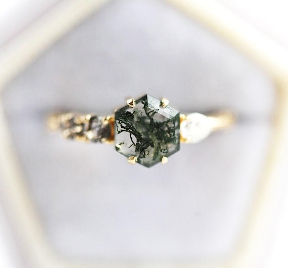 Moss Agate Engagement Ring • Hexagon Cluster Ring • 14k/18k Solid Gold Or Platinum • Unique Gemstone Ring • Promise Ring