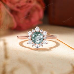 Moss Agate Engagement Ring - Moissanite Wedding Ring, Diamond Halo Ring By Henryrocky