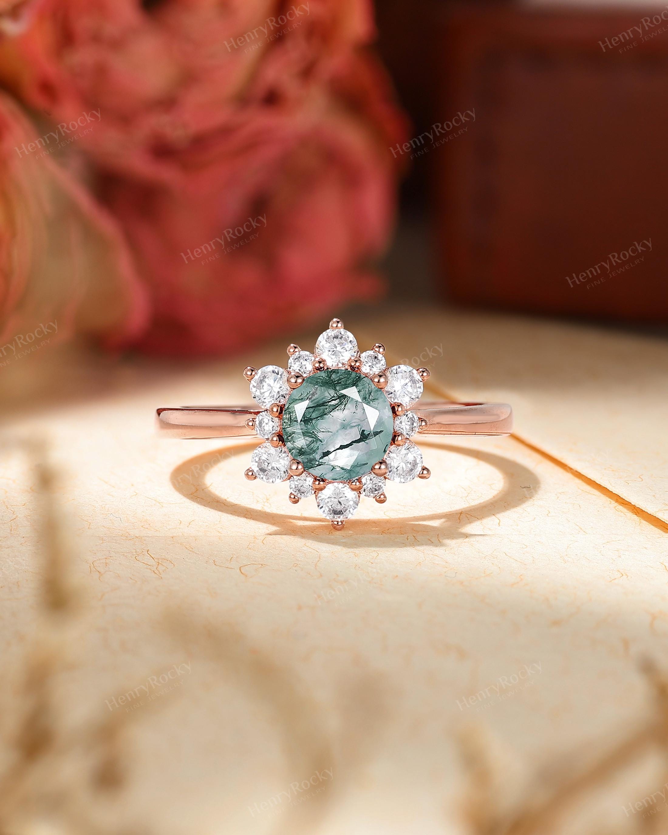 Moss Agate Engagement Ring - Moissanite Wedding Ring, Diamond Halo Ring By Henryrocky Moss Agate Engagement Ring - Moissanite Wedding Ring, Diamond Halo Ring By Henryrocky