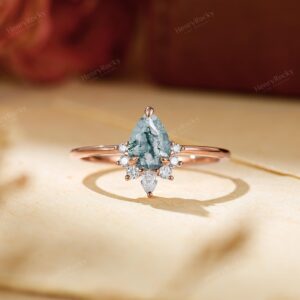 Moss Agate Engagement Ring - Pear Wedding Ring, Moissanite Rose Gold Ring By Henryrocky