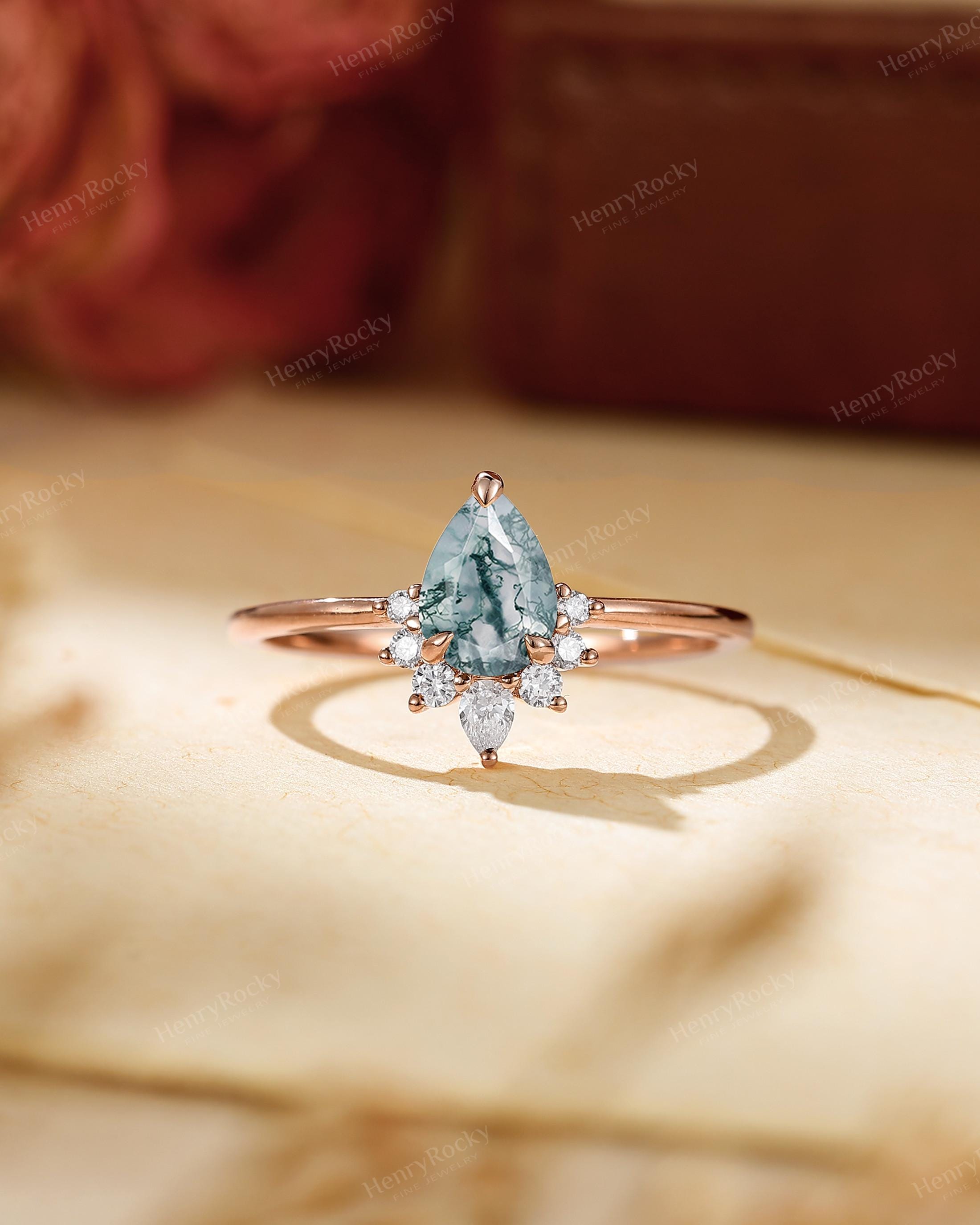 Moss Agate Engagement Ring - Pear Wedding Ring, Moissanite Rose Gold Ring By Henryrocky