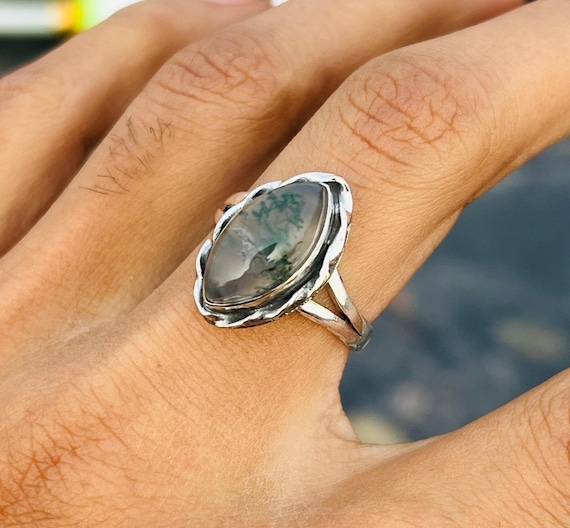 Moss Agate Gemstone Ring, Handmade Jewellery, Designer Ring, 925 Sterling Silver