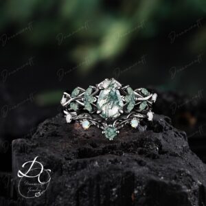 Gothic Coffin Cut Moss Agate Engagement Ring Sets Nature Inspired Vintage Leaf Cluster Promise Ring Black Gold Green Gemstone Art Deco Ring Gothic Coffin Cut Moss Agate Engagement Ring Sets Nature Inspired Vintage Leaf Cluster Promise Ring Black Gold Green Gemstone Art Deco Ring