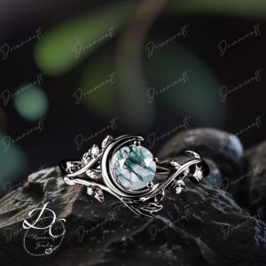 Gothic Moss Agate Engagement Ring Vintage Moon Black Gold Green Gemstone Ring Leaf Nature Inspired Ring Promise Ring For Her Art Deco Ring Gothic Moss Agate Engagement Ring Vintage Moon Black Gold Green Gemstone Ring Leaf Nature Inspired Ring Promise Ring For Her Art Deco Ring