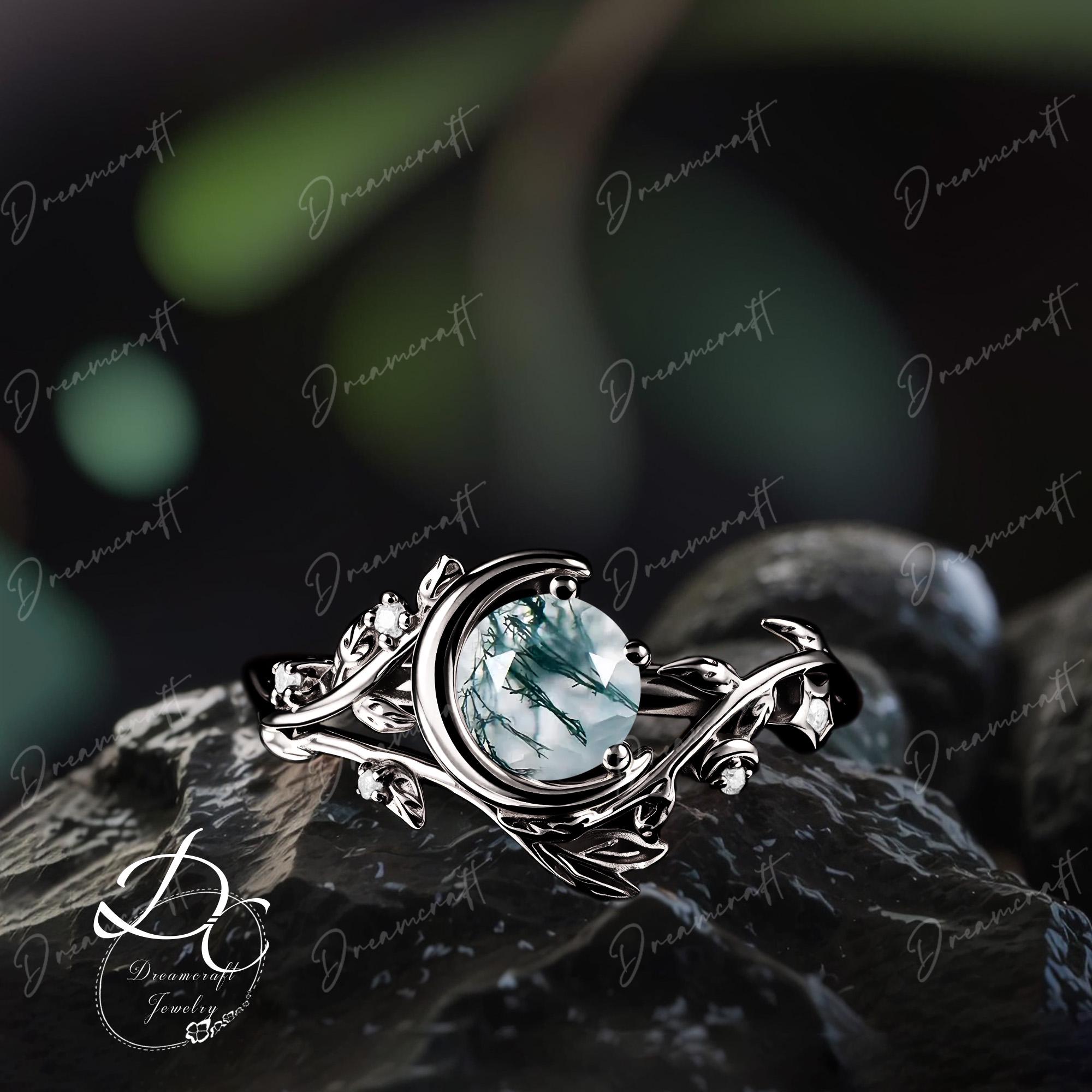 Gothic Moss Agate Engagement Ring Vintage Moon Black Gold Green Gemstone Ring Leaf Nature Inspired Ring Promise Ring For Her Art Deco Ring