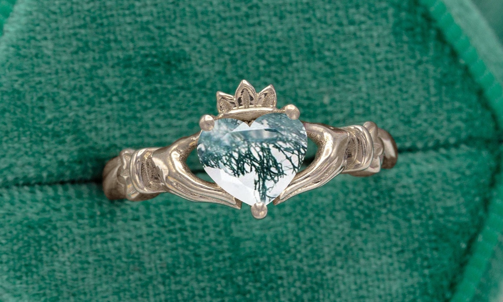 Green Moss Agate Claddagh Engagement Ring Art Deco Heart Moss Agate Wedding Ring Vintage Bridal Anniversary Ring Antique Women Promise Ring