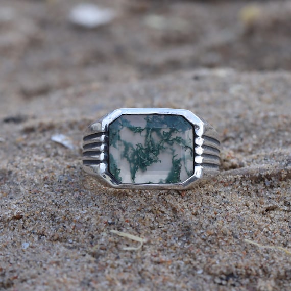 Green Moss Agate Ring: Handmade 925 Sterling Silver Band