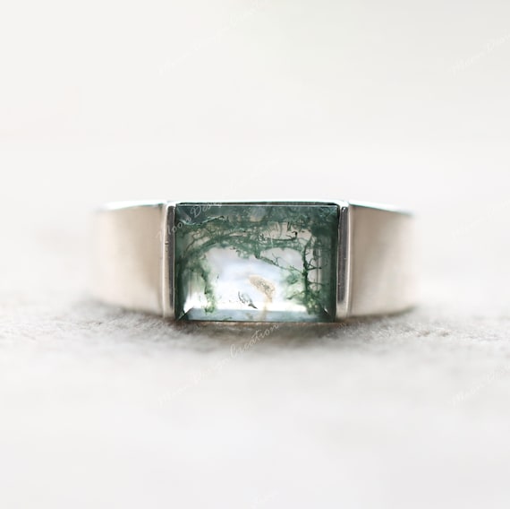 Green Moss Agate Signet Ring: Handmade 925 Sterling Silver