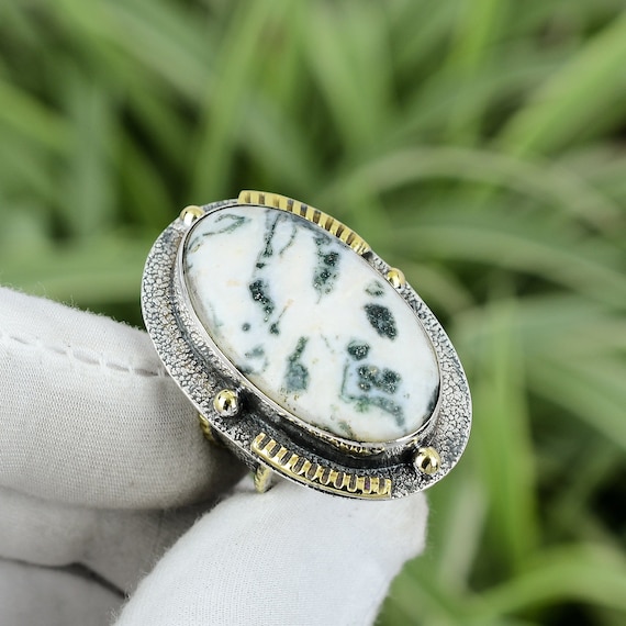 Handmade Moss Agate Ring: 925 Sterling Silver, 18k Gold Plated, Size 6.75 Handmade Moss Agate Ring: 925 Sterling Silver, 18k Gold Plated, Size 6.75