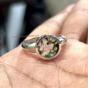 Handmade Moss Agate Signet Ring: Oval Cabochon, 925 Sterling Silver