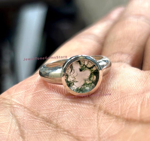 Handmade Moss Agate Signet Ring: 925 Sterling Silver