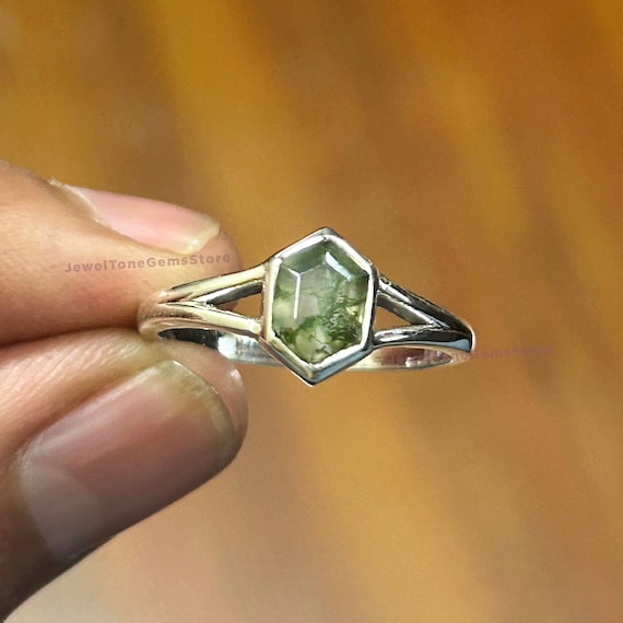 Hexagon Moss Agate Ring: Chunky Sterling Silver Statement Jewelry Hexagon Moss Agate Ring: Chunky Sterling Silver Statement Jewelry
