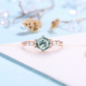 Hexagon Cut Moss Agate Engagement Ring Rose Gold Ring Marquise Cut Diamond / moissanite Prong Set Ring Side Stone Ring Anniversary Ring