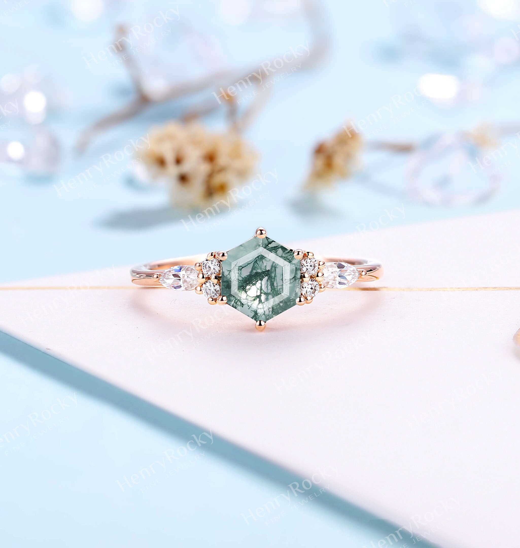 Moss Agate Engagement Ring - Hexagon Cut Rose Gold Ring, Diamond Cluster Ring By Henryrocky