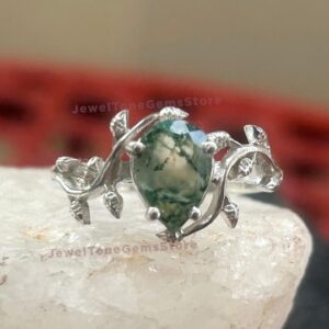 Leaf Moss Agate Ring: Pear Cut 925 Sterling Silver Boho Jewelry