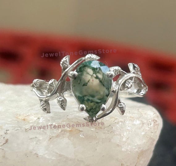 Leaf Moss Agate Ring: Pear Cut 925 Sterling Silver Boho Jewelry Leaf Moss Agate Ring: Pear Cut 925 Sterling Silver Boho Jewelry