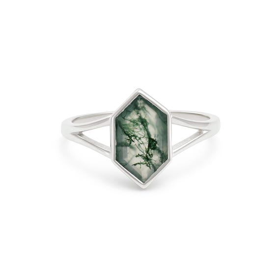 Long Hexagon Natural Moss Agate Ring: 925 Sterling Silver - Engagement Ring