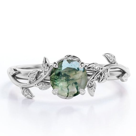 Natural Moss Agate Ring: 925 Sterling Silver Leaf Rings, Engagement Gift For Her Natural Moss Agate Ring: 925 Sterling Silver Leaf Rings, Engagement Gift For Her