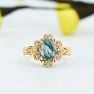 Natural Moss Agate Engagement Ring For Women 14k Gold Moss Agate Wedding Ring Art Deco Style Floral Bridal Ring Antique Filigree Design Ring