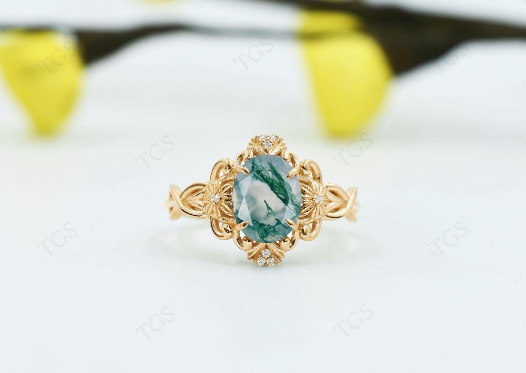 Natural Moss Agate Engagement Ring For Women 14k Gold Moss Agate Wedding Ring Art Deco Style Floral Bridal Ring Antique Filigree Design Ring