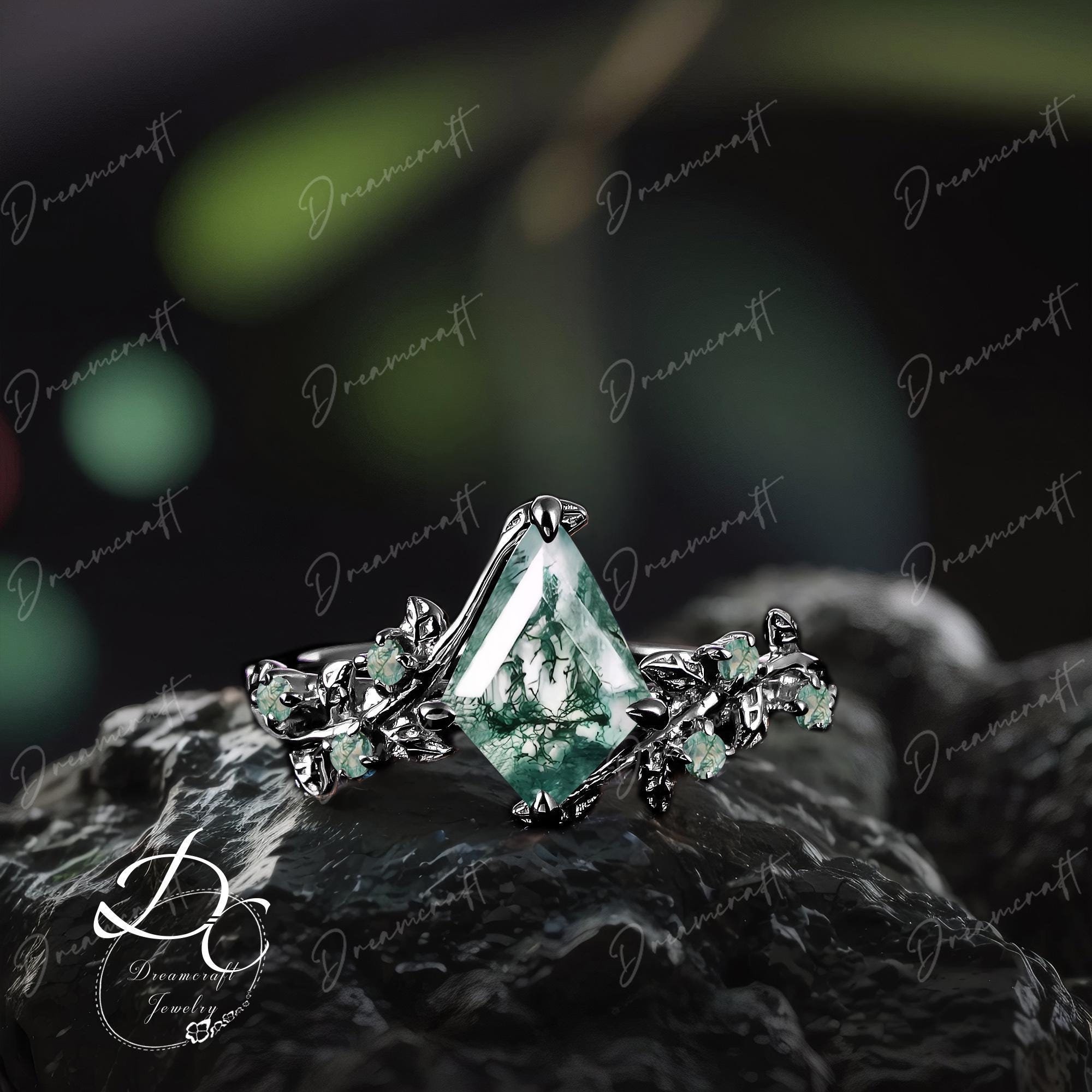 Natural Kite Cut Moss Agate Engagement Ring Art Deco Leaf Black Gold Twig Cluster Promise Ring Green Gem Bridal Ring Jewelry Gitf For Her