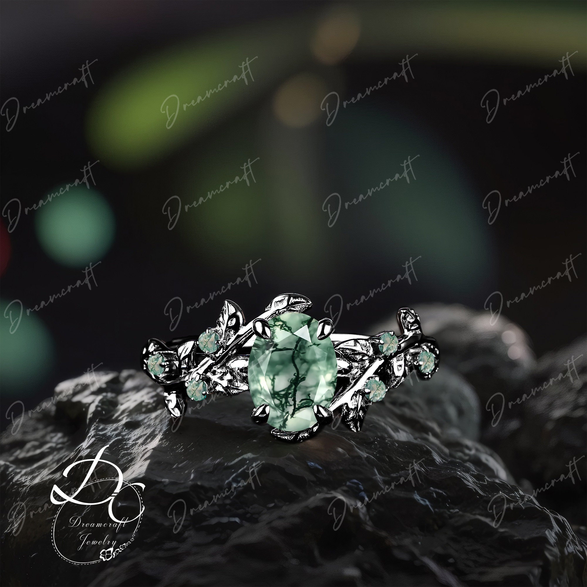 Natural Oval Moss Agate Engagement Ring Art Deco Leaf Black Gold Twig Cluster Promise Ring Green Gemstone Bridal Ring Jewelry Gitf For Her