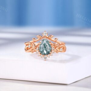 Nature Inspired Pear Moss Agate Engagement Ring Set,Twist Leaf Design Ring,Rose Gold Bridal Ring,Moissanite Curved Wedding Band,Women's Ring Nature Inspired Pear Moss Agate Engagement Ring Set,Twist Leaf Design Ring,Rose Gold Bridal Ring,Moissanite Curved Wedding Band,Women's Ring