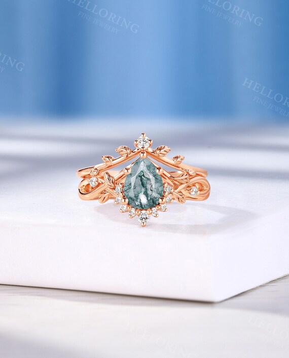 Nature Inspired Pear Moss Agate Engagement Ring Set,twist Leaf Design Ring,rose Gold Bridal Ring,moissanite Curved Wedding Band,women's Ring