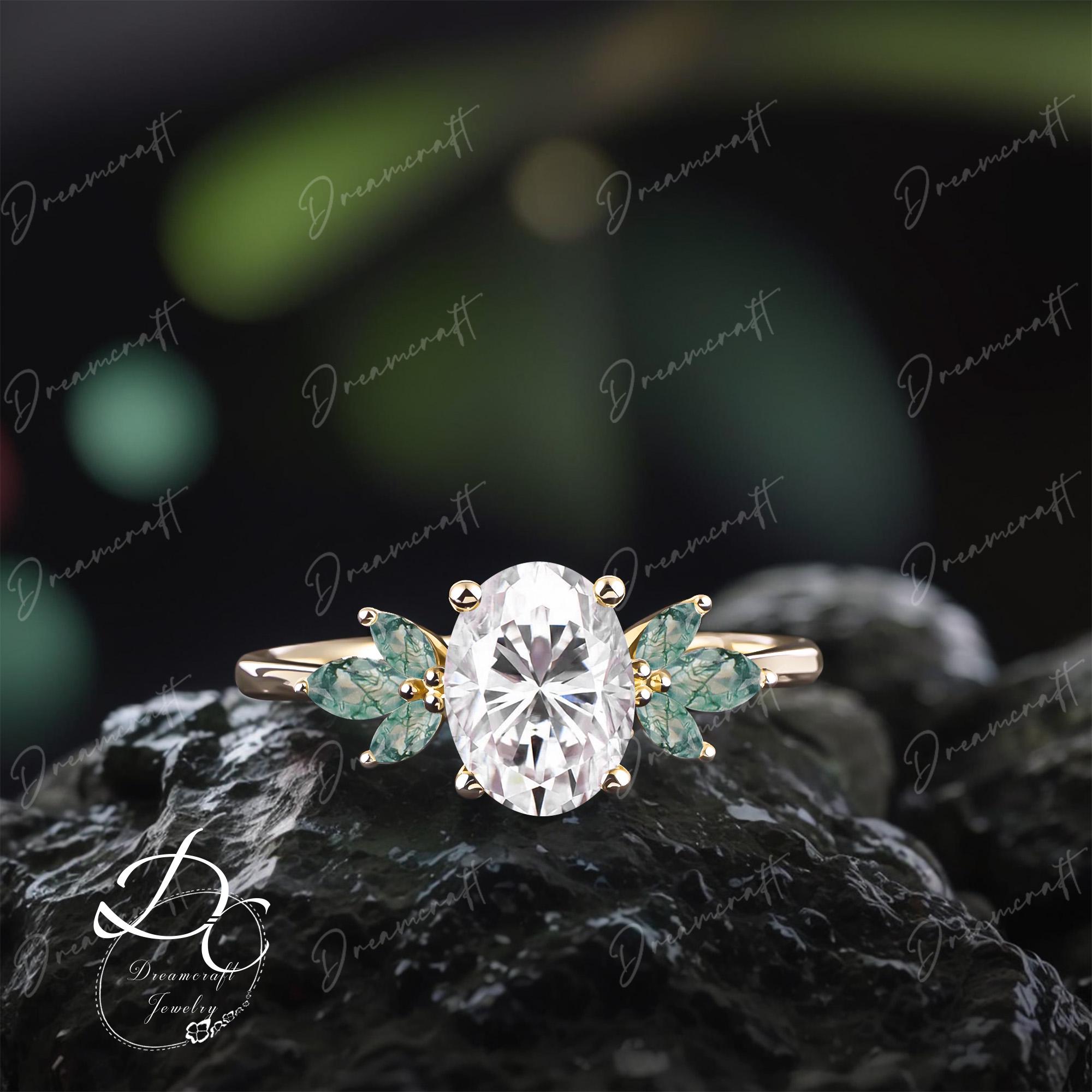Oval Cut Moissanite Engagement Ring Yellow Gold Ring Engagement Ring Moss Agate Wedding Ring Promise Ring For Her Handmade Cluster Ring