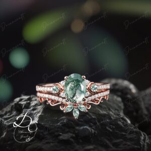 Oval Moss Agate Engagement Ring Sets Cluster Promise Ring Art Deco Ring Rose Gold Green Gemstone Bridal Set Jewelry Christmas Gift Women Oval Moss Agate Engagement Ring Sets Cluster Promise Ring Art Deco Ring Rose Gold Green Gemstone Bridal Set Jewelry Christmas Gift Women