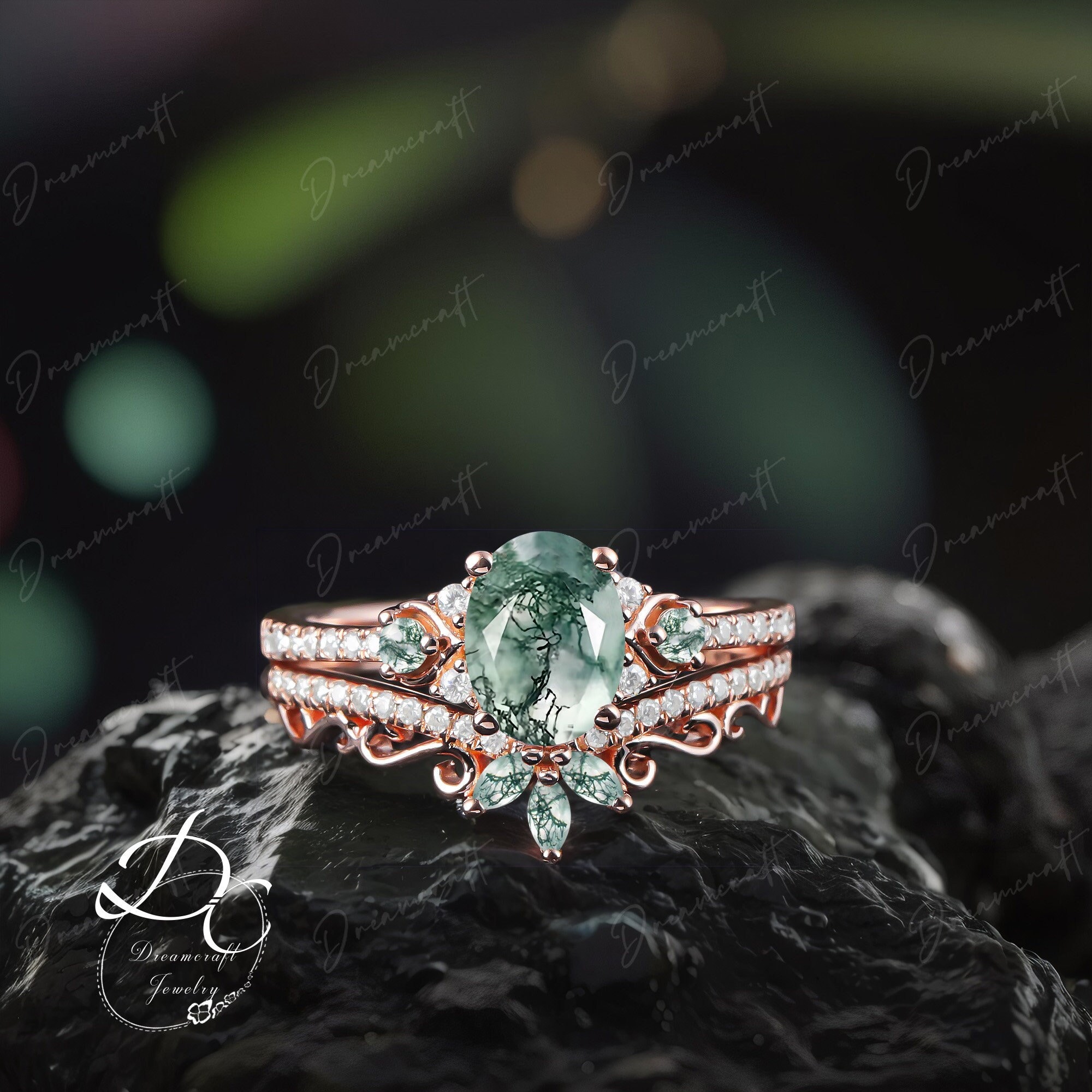 Oval Moss Agate Engagement Ring Sets Cluster Promise Ring Art Deco Ring Rose Gold Green Gemstone  Bridal Set Jewelry Christmas Gift Women