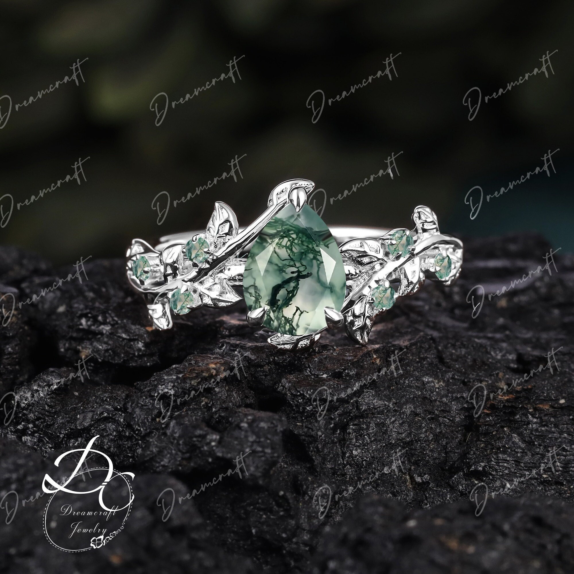 Pear Moss Agate Engagement Ring Art Deco Leaf White Gold Nature Inspired Cluster Promise Ring Jewelry Gitf For Her Green Gem Bridal Ring