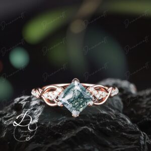 Princess Cut Moss Agate Engagement Ring Vintage Engagement Ring Rose Gold Promise Ring Moissanite Wedding Bridal Ring Anniversary Ring
