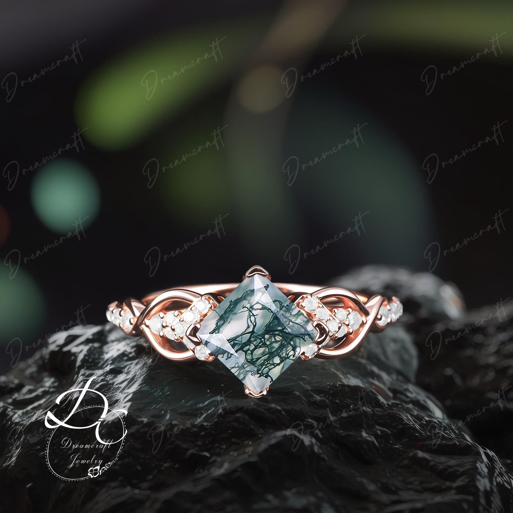Princess Cut Moss Agate Engagement Ring Vintage Engagement Ring Rose Gold Promise Ring Moissanite Wedding Bridal Ring Anniversary Ring